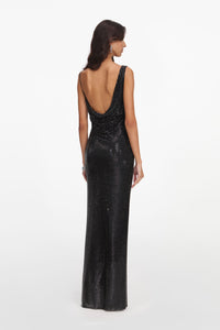 Saldex Black Rhinestone Draped Maxi Dress