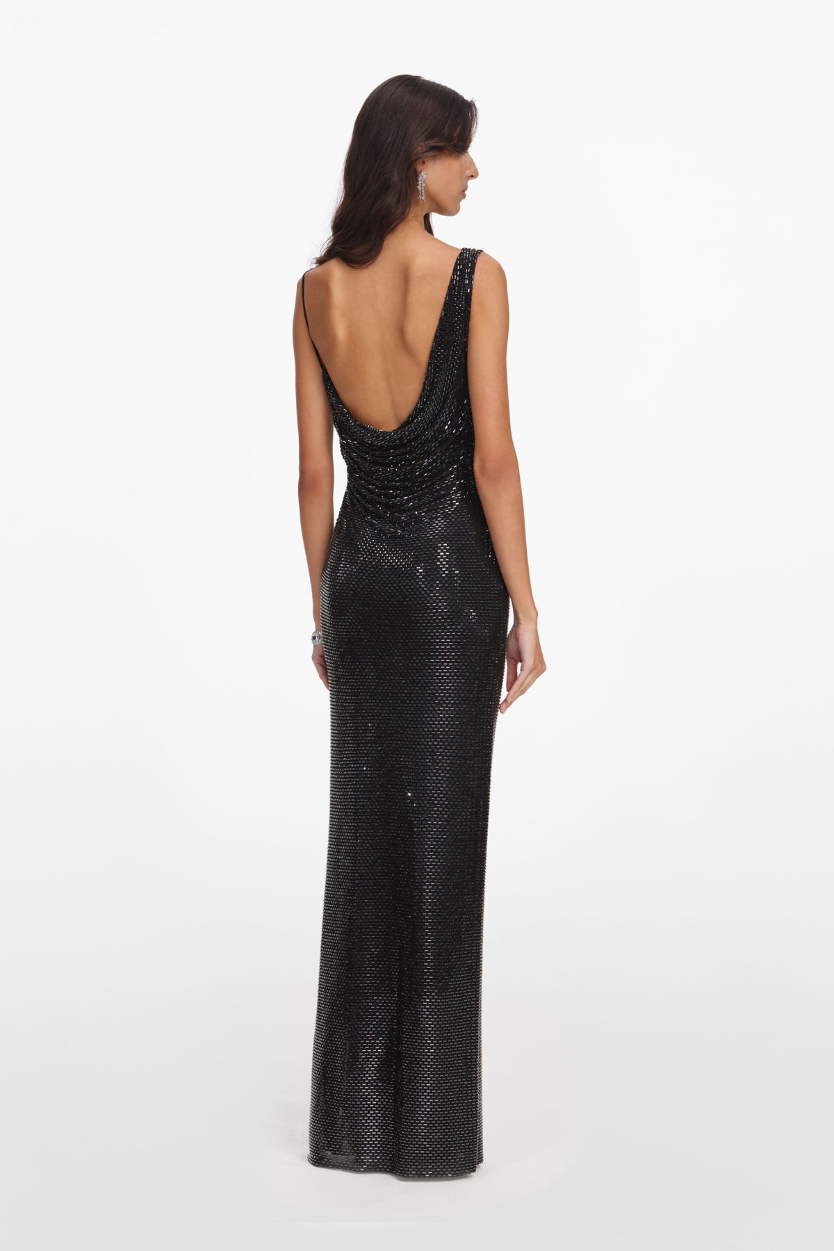 Saldex Black Rhinestone Draped Maxi Dress