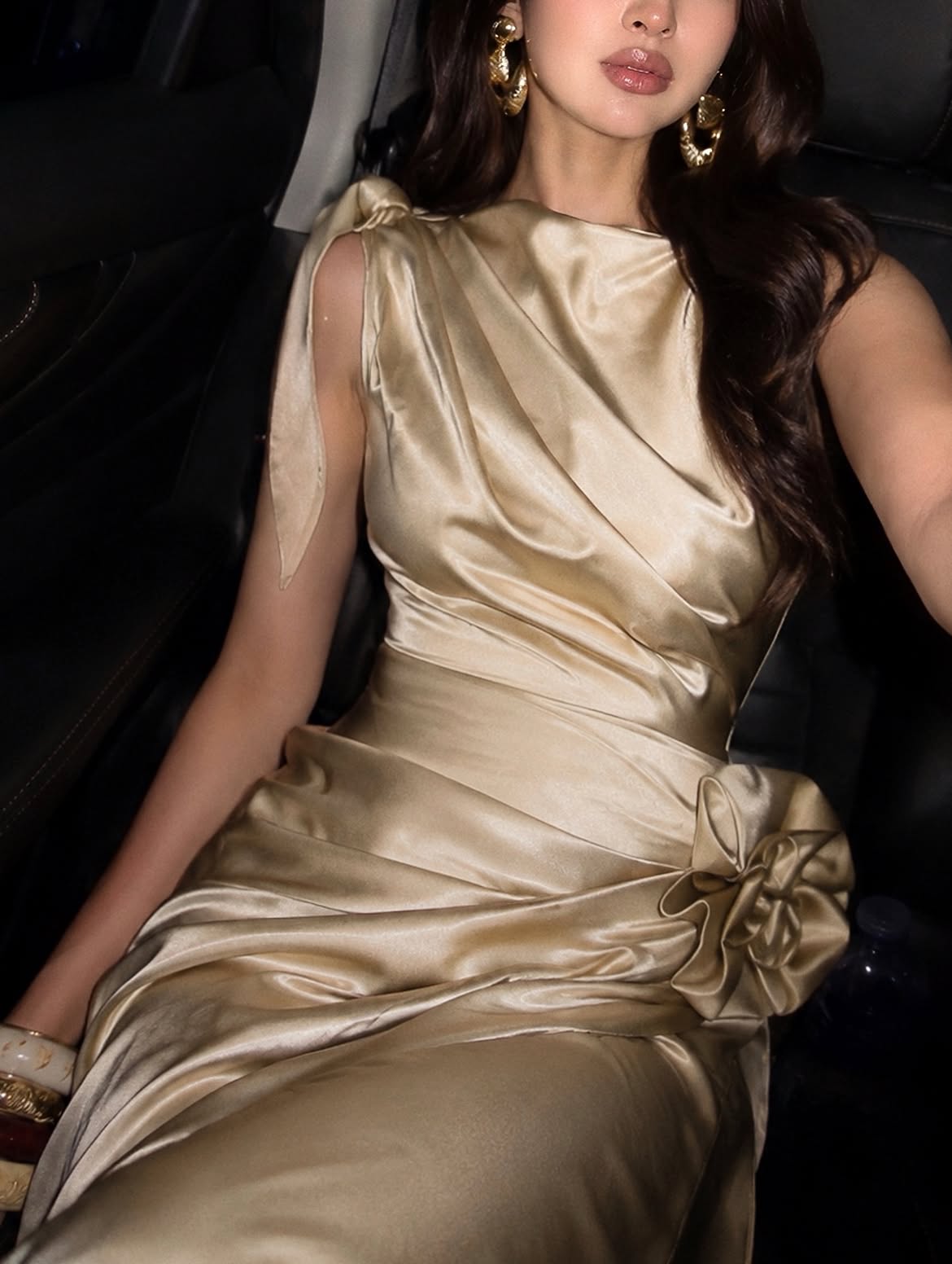 Brandis Satin One-Shoulder Pleated Maxi Dress In Gold
