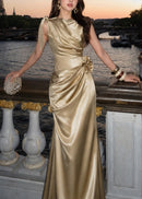 Brandis Satin One-Shoulder Pleated Maxi Dress In Gold