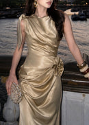 Brandis Satin One-Shoulder Pleated Maxi Dress In Gold