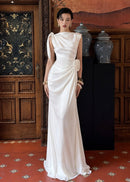 Brandis Satin One-Shoulder Pleated Maxi Dress In White