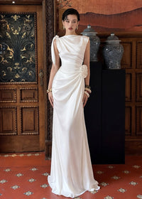 Brandis Satin One-Shoulder Pleated Maxi Dress In White
