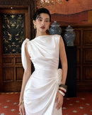 Brandis Satin One-Shoulder Pleated Maxi Dress In White