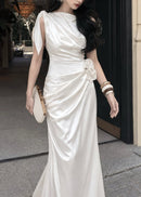 Brandis Satin One-Shoulder Pleated Maxi Dress In White