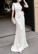 Brandis Satin One-Shoulder Pleated Maxi Dress In White
