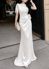 Brandis Satin One-Shoulder Pleated Maxi Dress In White