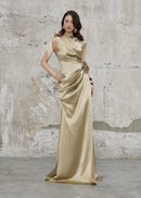 Brandis Satin One-Shoulder Pleated Maxi Dress In Gold