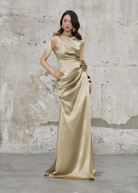 Brandis Satin One-Shoulder Pleated Maxi Dress In Gold