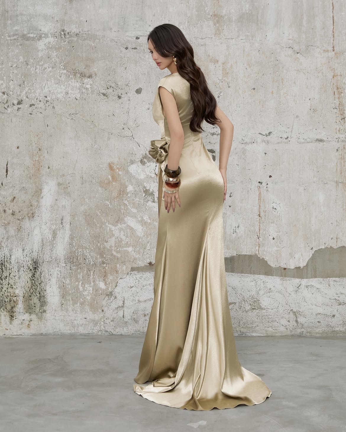 Brandis Satin One-Shoulder Pleated Maxi Dress In Gold