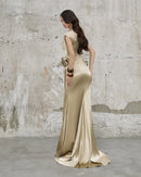 Brandis Satin One-Shoulder Pleated Maxi Dress In Gold
