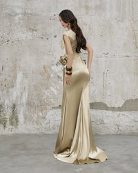 Brandis Satin One-Shoulder Pleated Maxi Dress In Gold