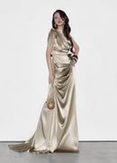 Brandis Satin One-Shoulder Pleated Maxi Dress In Gold