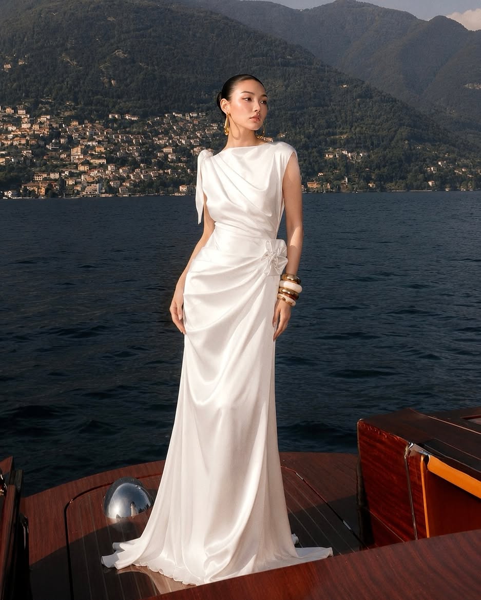Brandis Satin One-Shoulder Pleated Maxi Dress In White
