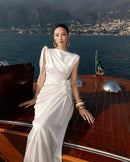 Brandis Satin One-Shoulder Pleated Maxi Dress In White