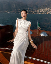 Brandis Satin One-Shoulder Pleated Maxi Dress In White
