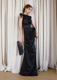 Brandis Satin One-Shoulder Pleated Maxi Dress In Black