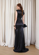 Brandis Satin One-Shoulder Pleated Maxi Dress In Black