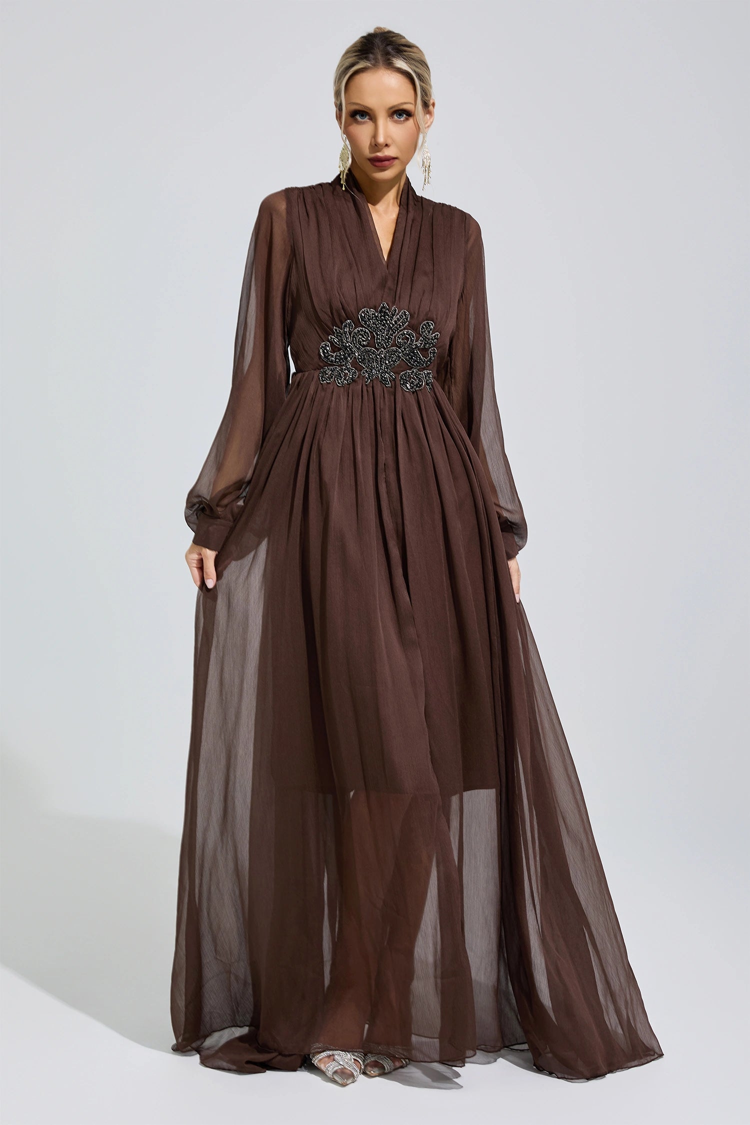 Isonyx Brown Lantern Sleeve Maxi Dress
