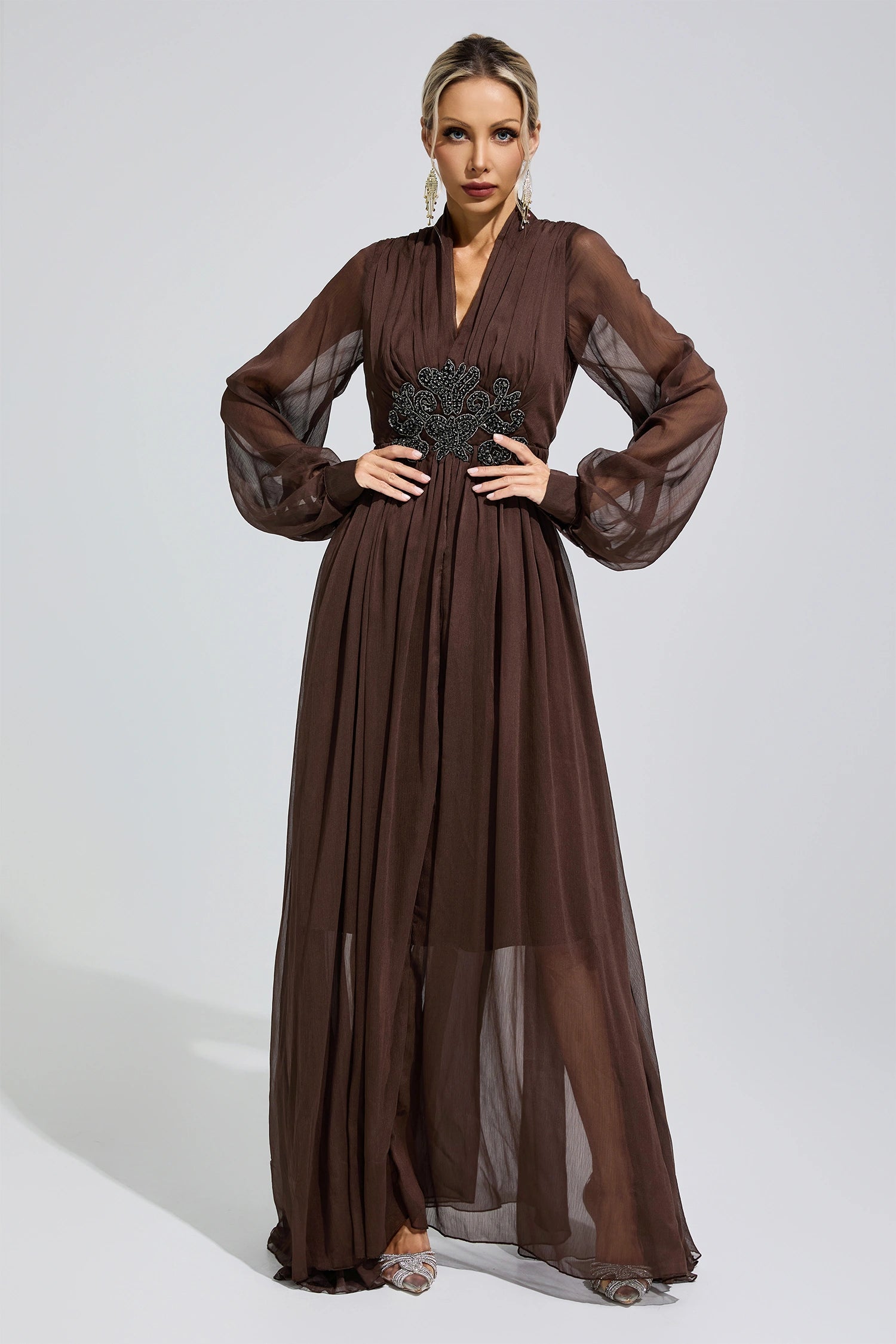 Isonyx Brown Lantern Sleeve Maxi Dress