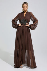 Isonyx Brown Lantern Sleeve Maxi Dress