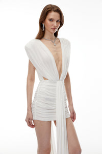 Rethan White Plunge Neck Bodycon Dress with Bow