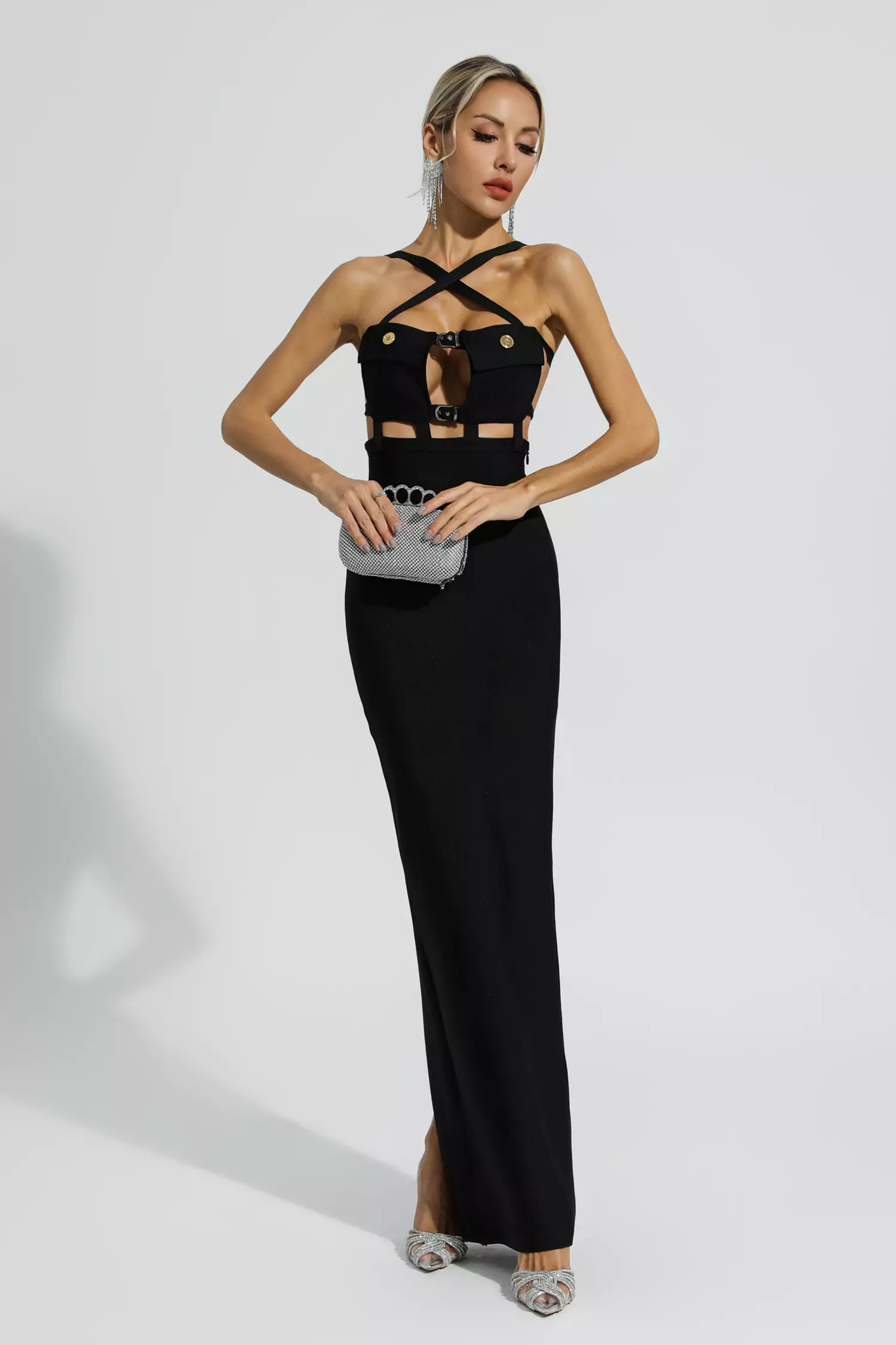 Remy Cross Halter Pocket Bandage Maxi Dress
