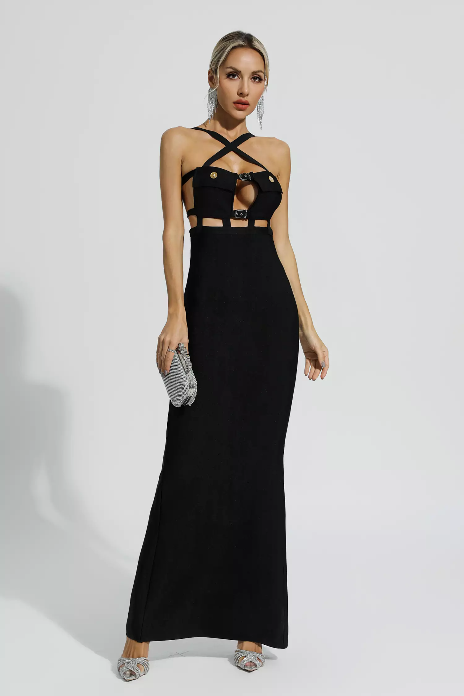 Remy Cross Halter Pocket Bandage Maxi Dress