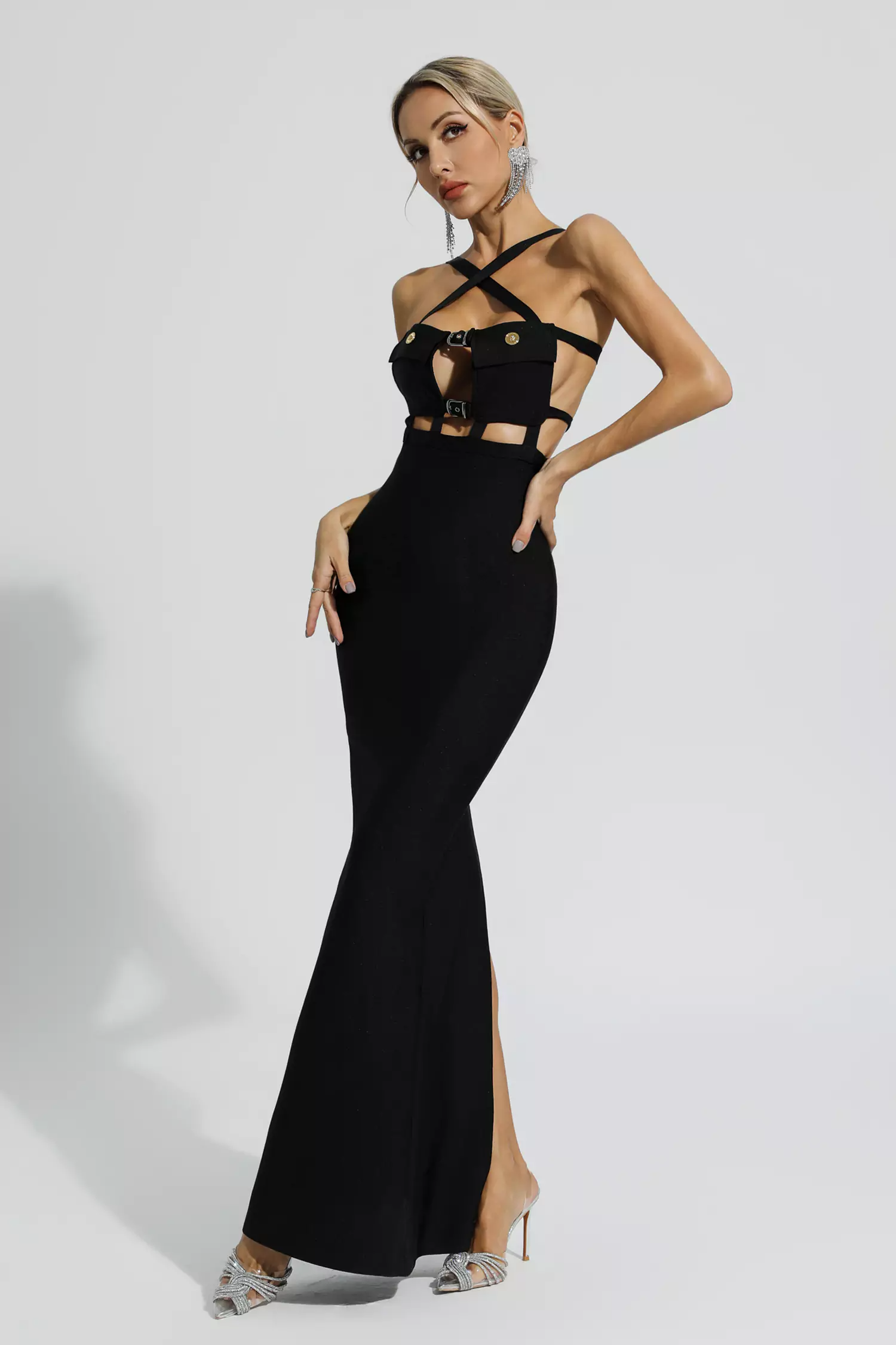 Remy Cross Halter Pocket Bandage Maxi Dress