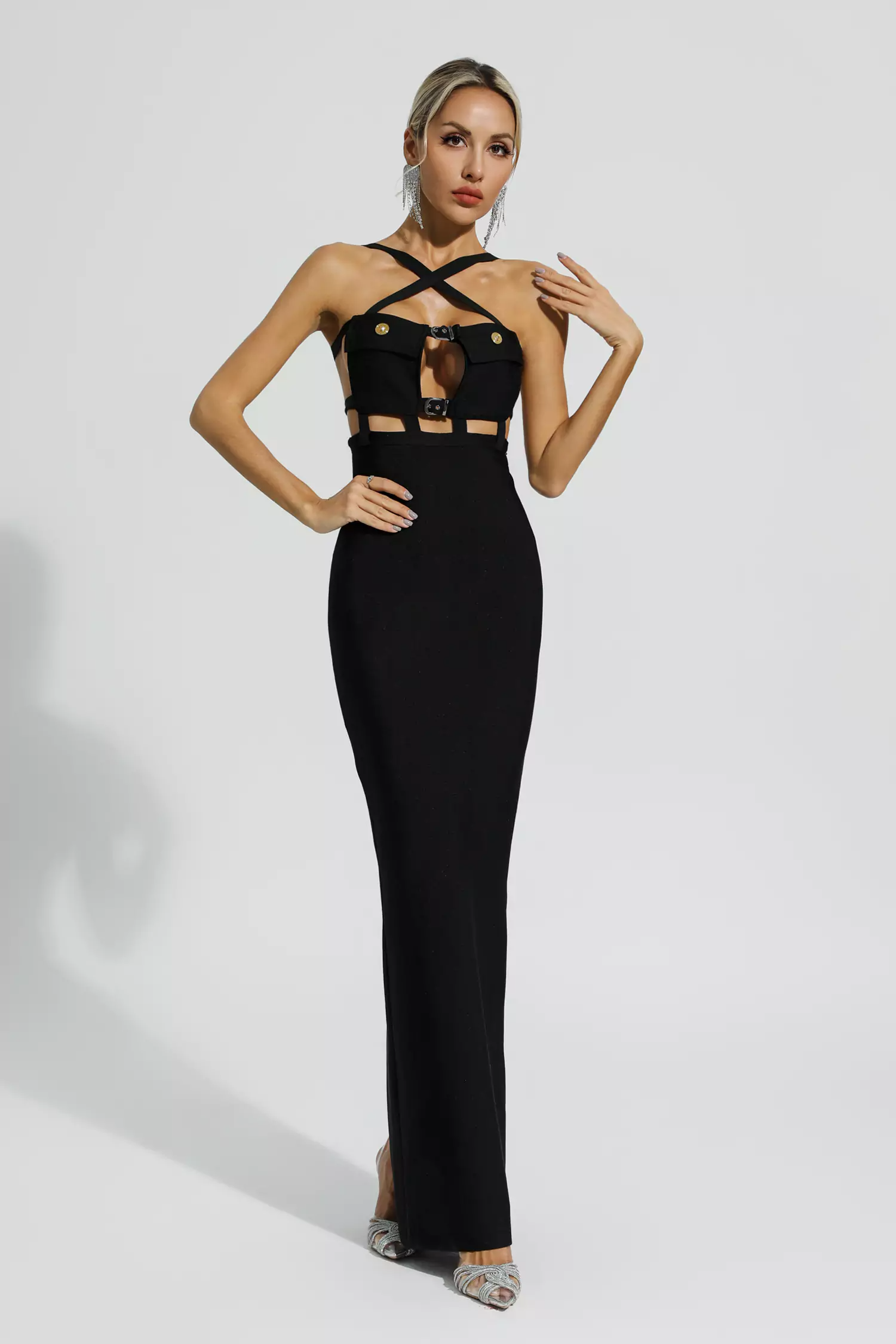 Remy Cross Halter Pocket Bandage Maxi Dress