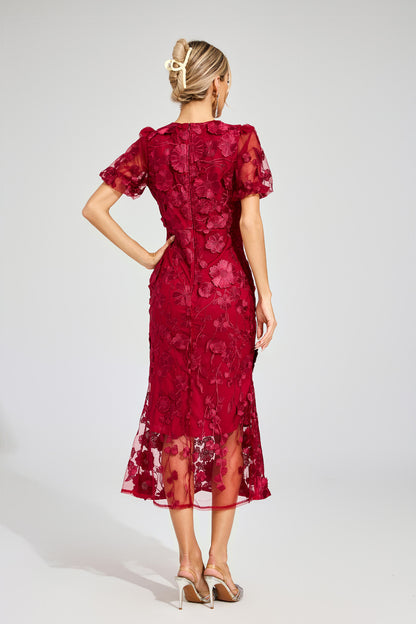 Elvandis Flower Mesh Maxi Dress In Red