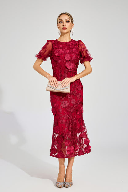 Elvandis Flower Mesh Maxi Dress In Red