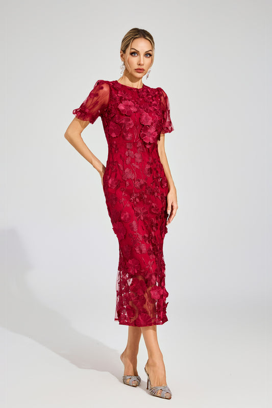 Elvandis Flower Mesh Maxi Dress In Red