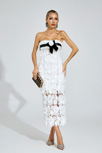 Dyzor Floral Lace Midi Dress In White