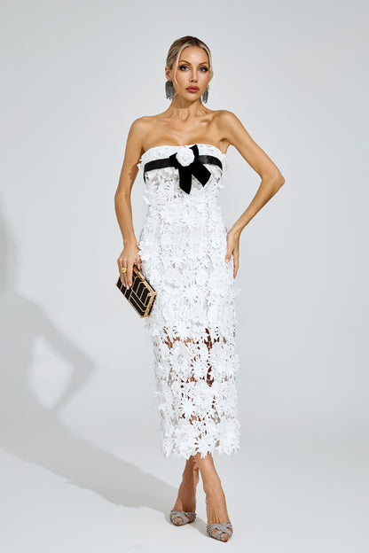 Dyzor Floral Lace Midi Dress In White