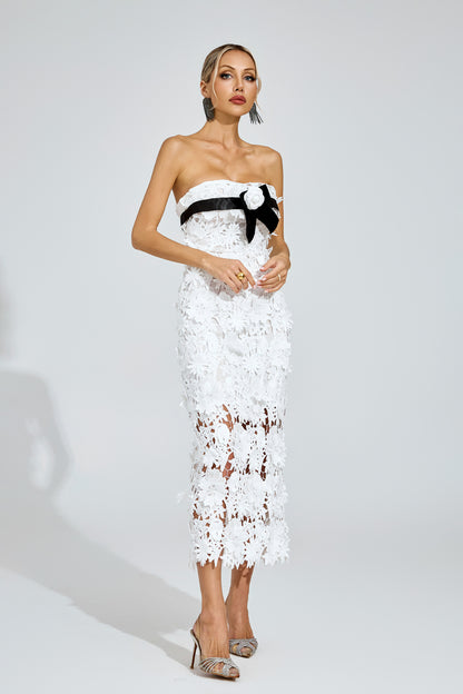 Dyzor Floral Lace Midi Dress In White