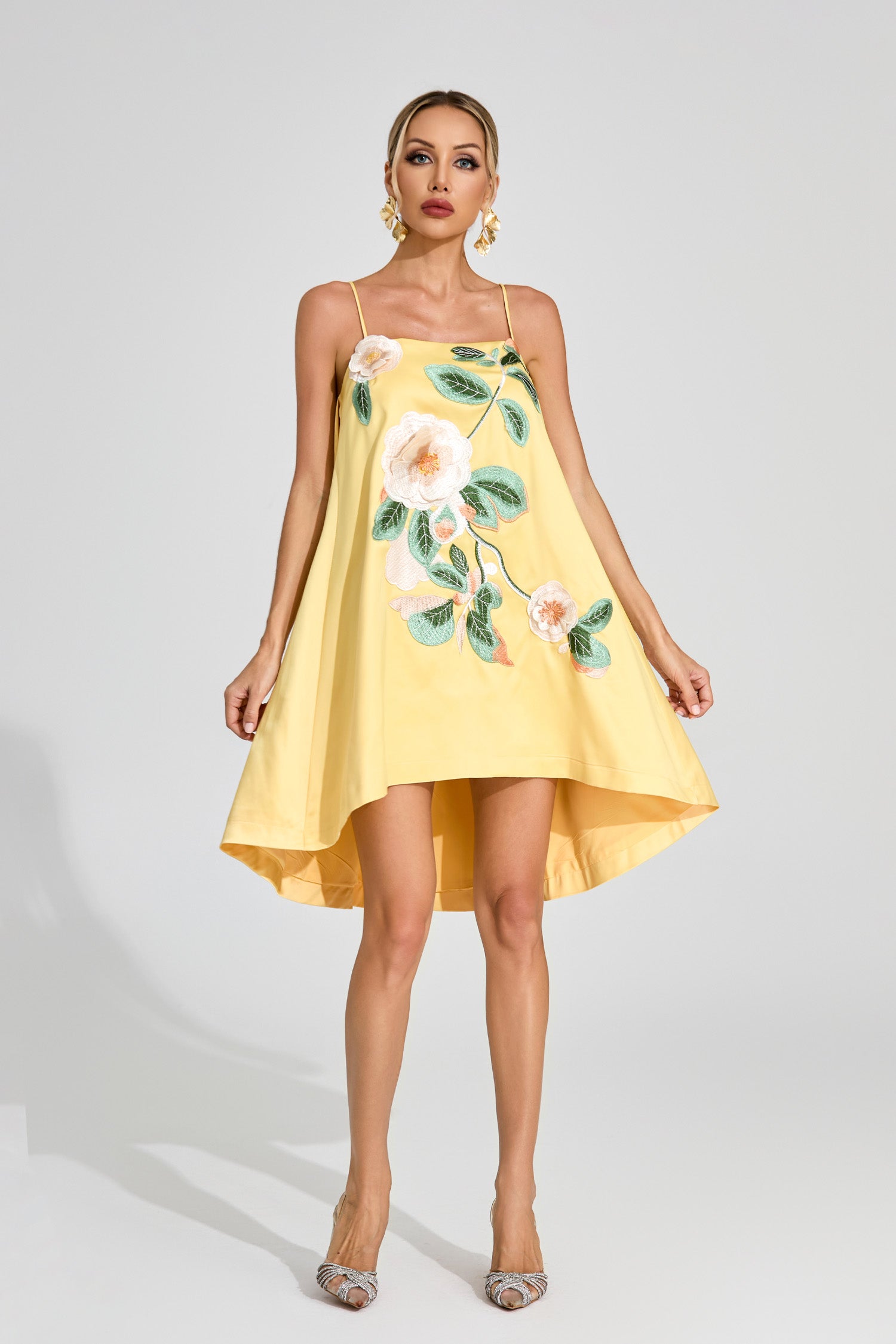 Dorbin Embroidered Slip Mini Dress In Yellow