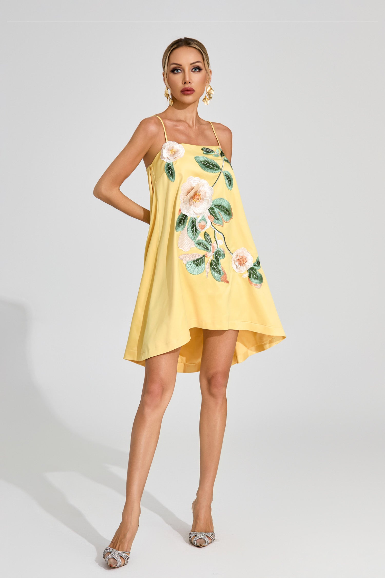 Dorbin Embroidered Slip Mini Dress In Yellow