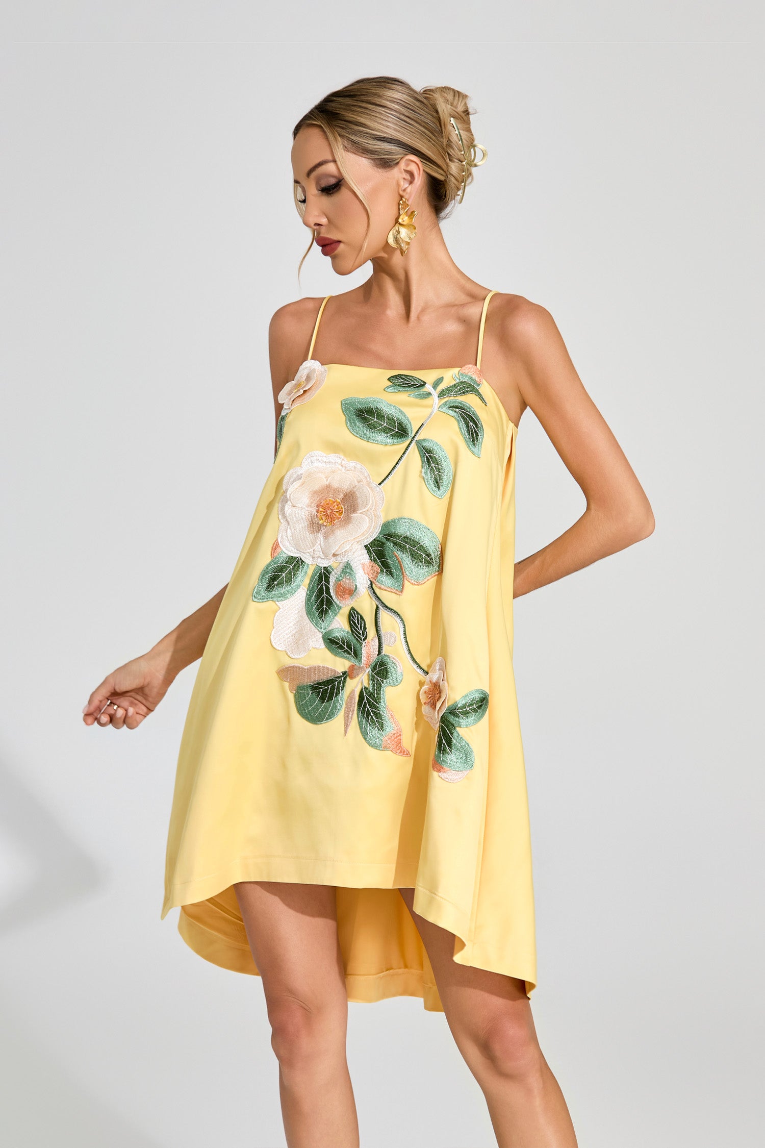 Dorbin Embroidered Slip Mini Dress In Yellow