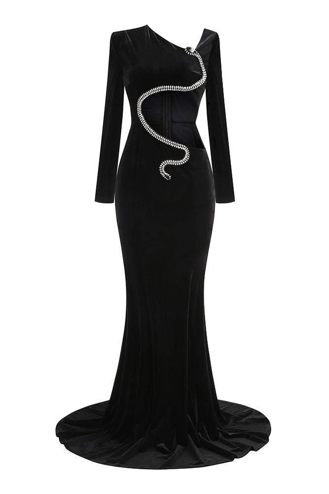 Lagina Rhinestone Paneled Cutout Velvet Maxi Dress In Black