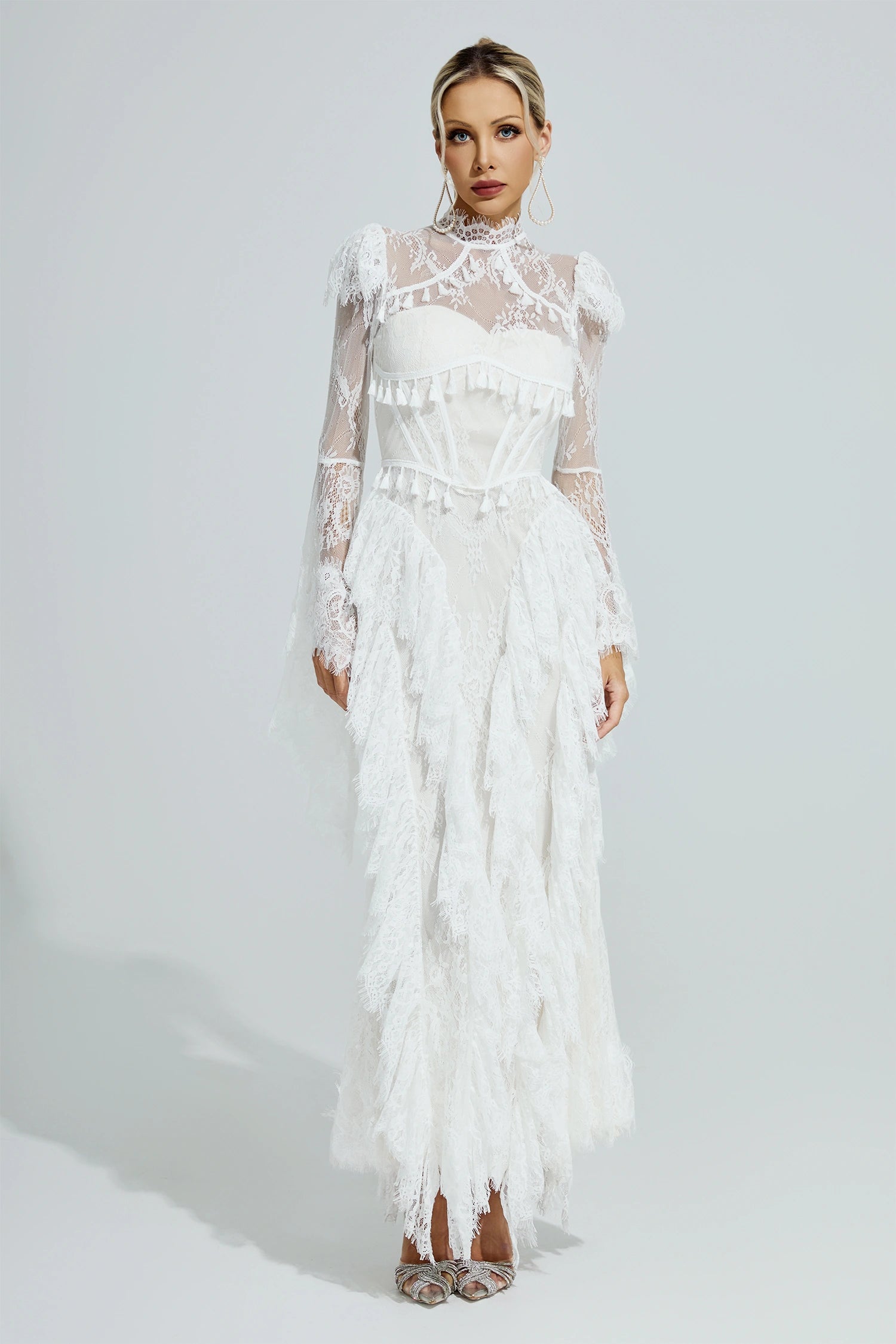 Xexis White Floral Lace Maxi Dress