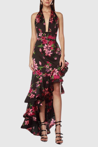 Zorena Asymmetric Floral Ruffle Maxi Dress