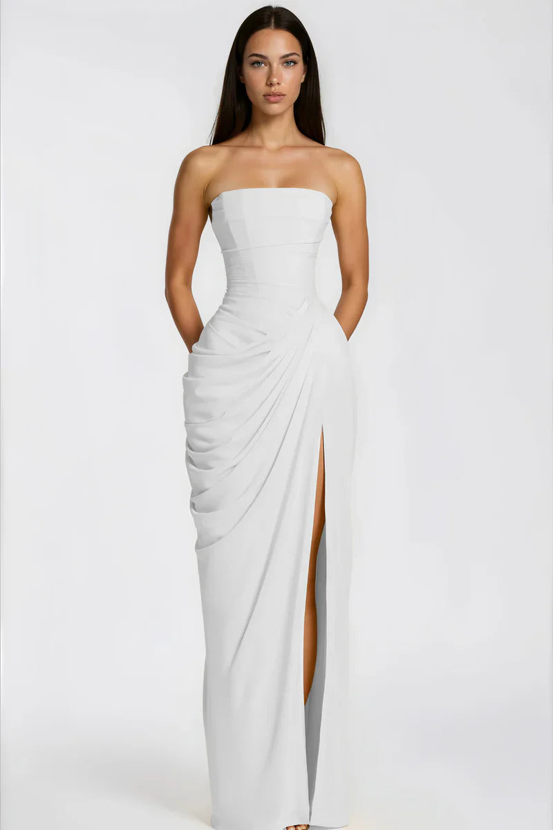 Riveno Strapless Draped High-Slit Maxi Dress