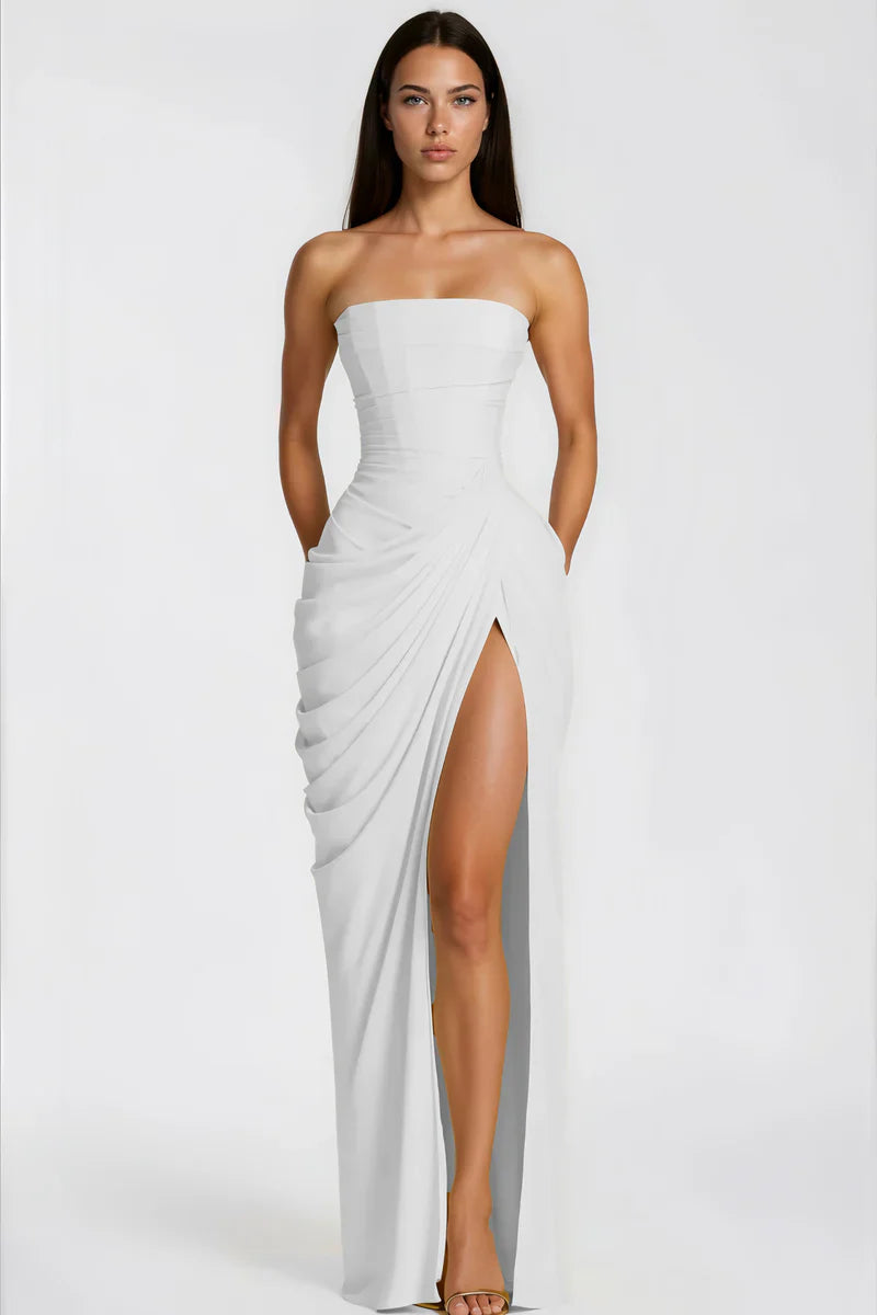Riveno Strapless Draped High-Slit Maxi Dress