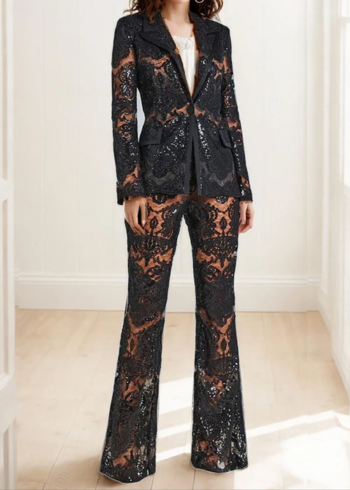 Benita Sequin-embroidered Blazer Flared Pants Set
