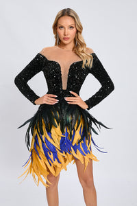 Canika Sequin Feather-Embellished Mini Dress