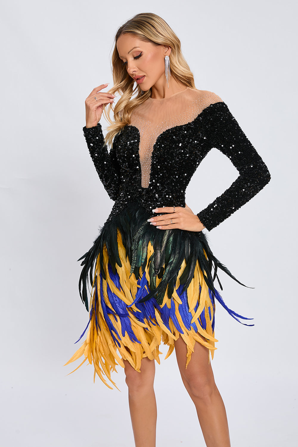 Canika Sequin Feather-Embellished Mini Dress Night Novas Canika Sequin Feather-Embellished Mini Dress Night Novas