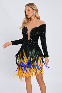 Canika Sequin Feather-Embellished Mini Dress