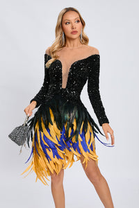 Canika Sequin Feather-Embellished Mini Dress