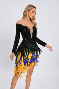 Canika Sequin Feather-Embellished Mini Dress